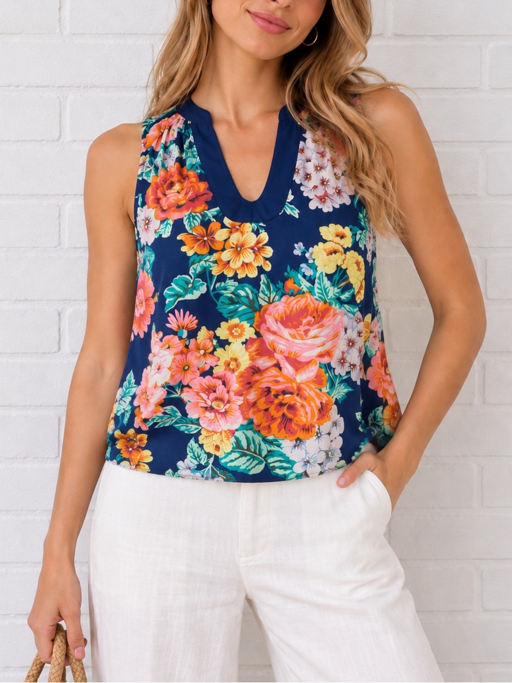 Anthropologie Floral Sleeveless Top Sz 8 Navy Multicolor Split Neck Boho Resort